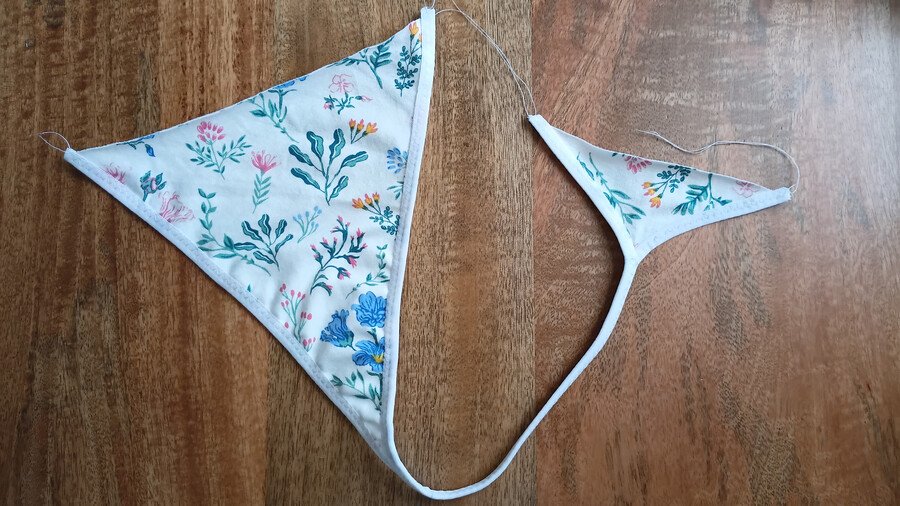 Front and back pieces with fold-over elastic sewn onto both leg openings