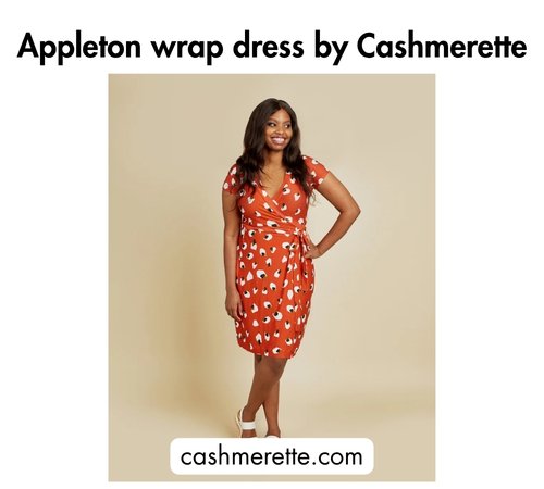 Bold black text at the top reading 'Appleton wrap dress by Cashmerette,' a woman wearing an orange leopard-print wrap dress, and the website cashmerette.com at the bottom.