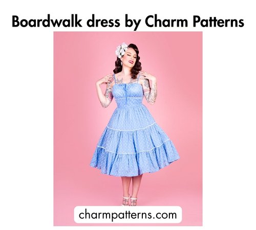 Bold black text at the top reading 'Boardwalk dress by Charm Patterns,' a woman wearing a blue polka-dot tiered dress, and the website charmpatterns.com at the bottom.