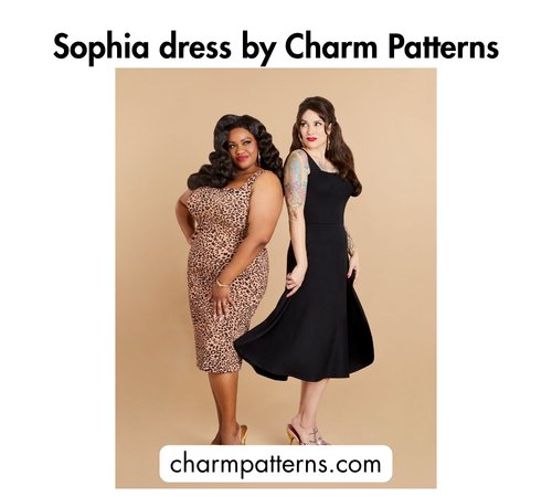 Bold black text at the top reading 'Sophia dress by Charm Patterns,' two women wearing knee-length dresses — one leopard print, one black — and the website charmpatterns.com at the bottom.
