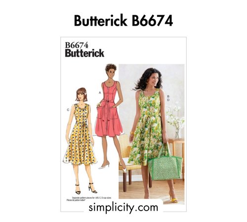 Bold black text at the top reading 'Butterick B6674,' a pattern envelope showing three dress views, and the website simplicity.com at the bottom.