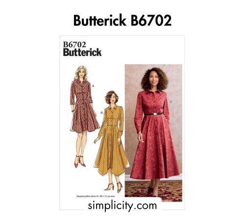 Bold black text at the top reading 'Butterick B6702,' a pattern envelope showing three shirtdress views, and the website simplicity.com at the bottom.