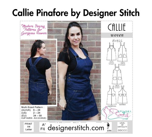 Bold black text at the top reading 'Callie Pinafore by Designer Stitch,' a woman wearing a denim overall dress shown from front and back, pattern line drawings on the right, and the website designerstitch.com at the bottom.