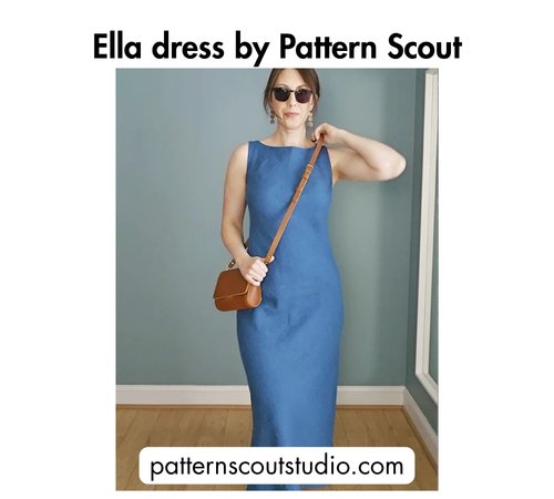 Bold black text at the top reading 'Ella dress by Pattern Scout,' a woman wearing a blue sleeveless maxi dress with a crossbody bag, and the website patternscoutstudio.com at the bottom.