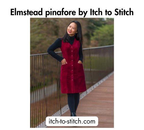 Bold black text at the top reading 'Elmstead pinafore by Itch to Stitch,' a woman wearing a red corduroy pinafore dress over a black turtleneck, and the website itch-to-stitch.com at the bottom.