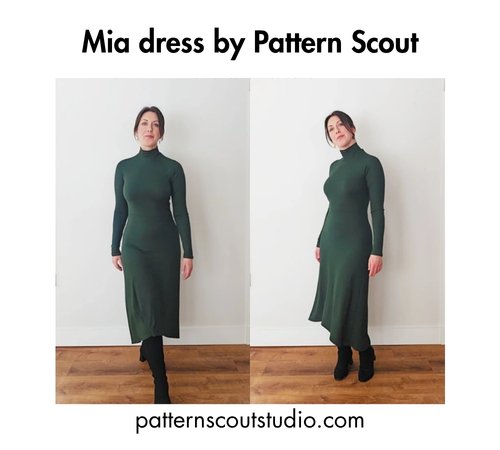 Bold black text at the top reading 'Mia dress by Pattern Scout,' two side-by-side photos of a woman wearing a dark green fitted turtleneck midi dress, front and side view, and the website patternscoutstudio.com at the bottom.