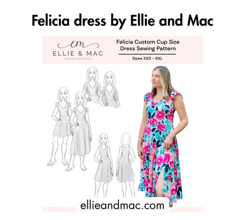 Bold black text at the top reading 'Felicia dress by Ellie and Mac,' pattern line drawings on the left, a woman wearing a teal and pink floral wrap dress with a high-low hem, and the website ellieandmac.com at the bottom.