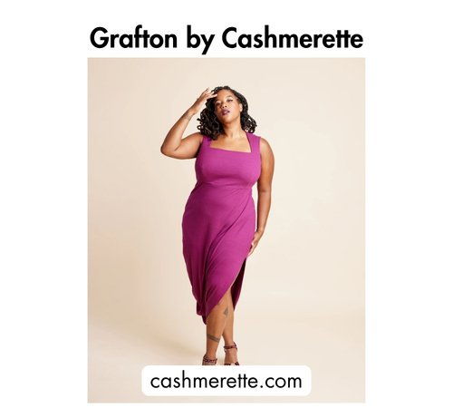 Bold black text at the top reading 'Grafton by Cashmerette,' a woman wearing a magenta sleeveless midi dress with a square neckline and side slit, and the website cashmerette.com at the bottom.