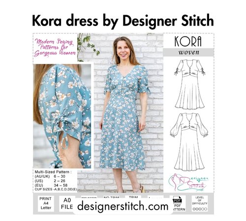 Bold black text at the top reading 'Kora dress by Designer Stitch,' a woman wearing a blue floral wrap dress with tie-cuff sleeves, pattern line drawings on the right, and the website designerstitch.com at the bottom.