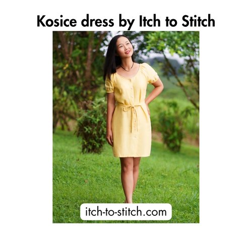 Bold black text at the top reading 'Kosice dress by Itch to Stitch,' a woman wearing a yellow button-front dress with puff sleeves and a tie waist, and the website itch-to-stitch.com at the bottom.