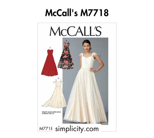 Bold black text at the top reading 'McCall's M7718,' a pattern envelope showing three formal gown views, and the website simplicity.com at the bottom.