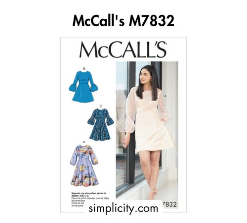 Bold black text at the top reading 'McCall's M7832,' a pattern envelope showing four dress views with sleeve and bodice variations, and the website simplicity.com at the bottom.