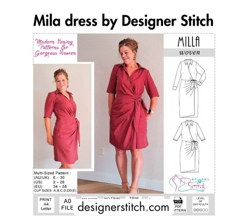 Bold black text at the top reading 'Mila dress by Designer Stitch,' a woman wearing a red collared wrap dress with tie waist and cuffed sleeves, pattern line drawings on the right, and the website designerstitch.com at the bottom.