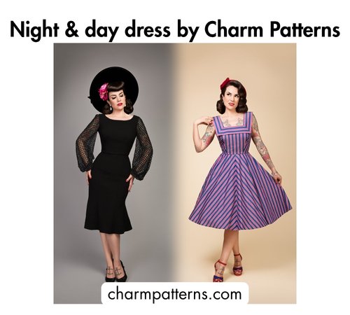 Bold black text at the top reading 'Night & day dress by Charm Patterns,' a split image of two women — one in a black long-sleeve dress with a wide-brim hat, the other in a purple and blue striped fit-and-flare dress — and the website charmpatterns.com at the bottom.