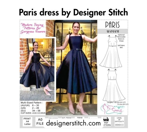 Bold black text at the top reading 'Paris dress by Designer Stitch,' a woman wearing a navy sleeveless fit-and-flare dress with a belted waist, pattern line drawings on the right, and the website designerstitch.com at the bottom.