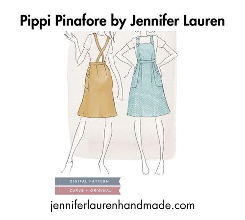 Bold black text at the top reading 'Pippi Pinafore by Jennifer Lauren,' two line drawings of pinafore dresses shown front and back, and the website jenniferlaurenhandmade.com at the bottom.