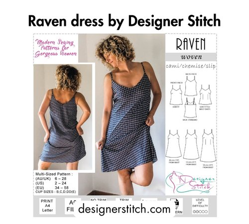 Bold black text at the top reading 'Raven dress by Designer Stitch,' a woman wearing a black and white checked slip dress with spaghetti straps, pattern line drawings on the right, and the website designerstitch.com at the bottom.