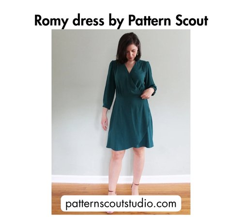 Bold black text at the top reading 'Romy dress by Pattern Scout,' a woman wearing a dark green wrap dress with long sleeves, and the website patternscoutstudio.com at the bottom.