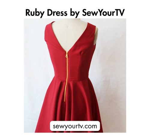 Bold black text at the top reading 'Ruby Dress by SewYourTV,' a red fit-and-flare dress with a v-back and gold zipper shown on a dress form, and the website sewyourtv.com at the bottom.
