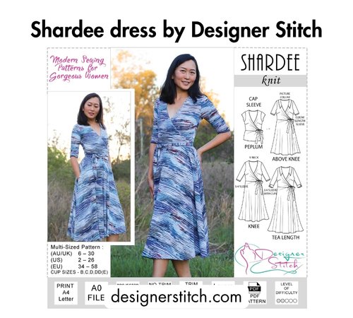 Bold black text at the top reading 'Shardee dress by Designer Stitch,' a woman wearing a blue printed wrap dress with half sleeves, pattern line drawings on the right, and the website designerstitch.com at the bottom.