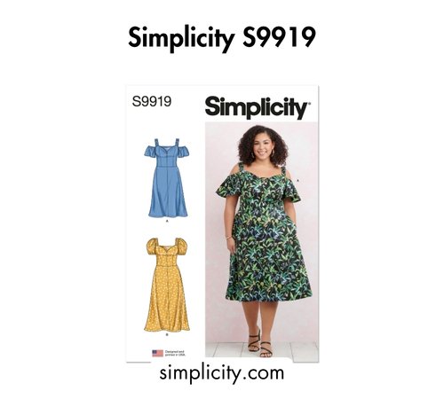 Bold black text at the top reading 'Simplicity S9919,' a pattern envelope showing a cold-shoulder midi dress in two views, and the website simplicity.com at the bottom.