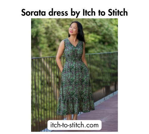 Bold black text at the top reading 'Sorata dress by Itch to Stitch,' a woman wearing a green floral midi dress with a smocked waist and tiered hem, and the website itch-to-stitch.com at the bottom.