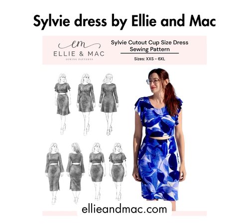 Bold black text at the top reading 'Sylvie dress by Ellie and Mac,' pattern line drawings on the left, a woman wearing a blue and white abstract-print cutout dress, and the website ellieandmac.com at the bottom.