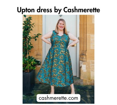 Bold black text at the top reading 'Upton dress by Cashmerette,' a woman wearing a teal and gold floral fit-and-flare dress, and the website cashmerette.com at the bottom.