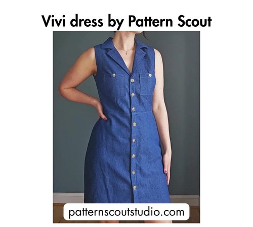 Bold black text at the top reading 'Vivi dress by Pattern Scout,' a woman wearing a blue denim button-front shift dress with a collar and chest pockets, and the website patternscoutstudio.com at the bottom.