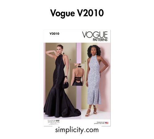 Bold black text at the top reading 'Vogue V2010,' a pattern envelope showing two halter-neck evening gown views, and the website simplicity.com at the bottom.