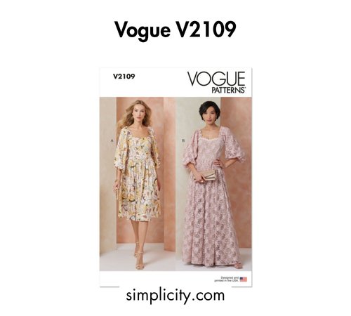 Bold black text at the top reading 'Vogue V2109,' a pattern envelope showing two puff-sleeve dress views, one midi and one maxi, and the website simplicity.com at the bottom.