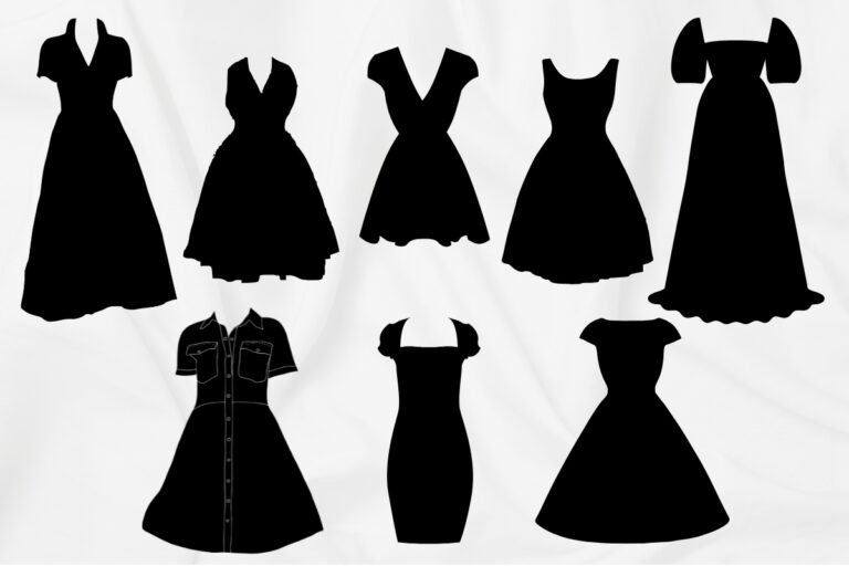 Black dress silhouettes in various styles arranged on a white background.