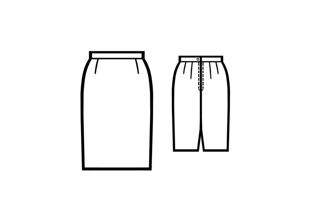 Bold line drawing of a straight knee-length skirt from front and back, with a fitted waistband and back center vent