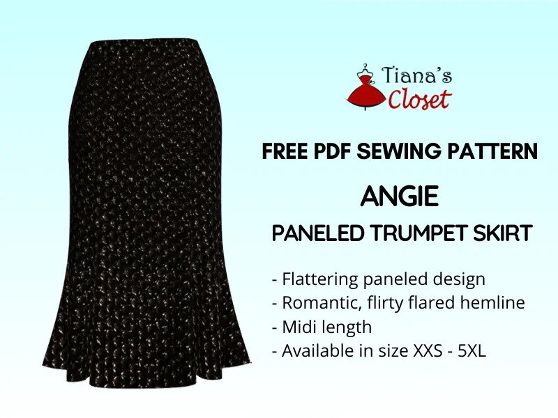 Black textured midi trumpet skirt with a flared hem, Angie Paneled Trumpet Skirt free PDF pattern by Tiana's Closet