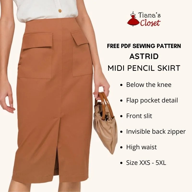 Rust-colored midi pencil skirt with flap pockets and a front slit, worn with a white shirt and cream bag, Astrid Midi Pencil Skirt free PDF pattern by Tiana's Closet