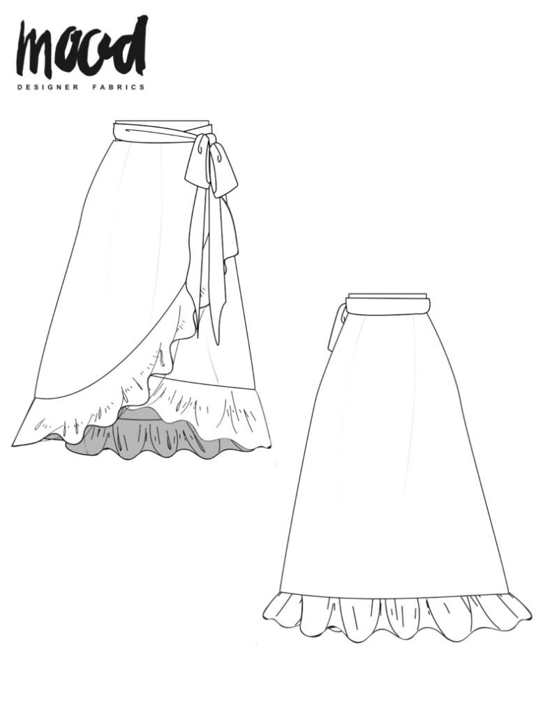 Line drawing of a ruffled wrap skirt from the front and back, with a side waist tie and a gathered ruffle hem