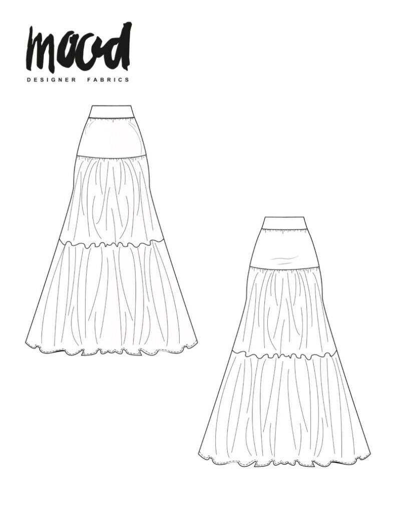 Line drawing of a two-tier maxi skirt from front and back, with a fitted waistband and gathered flowing tiers, Daylily free tiered skirt pattern by Mood Fabrics