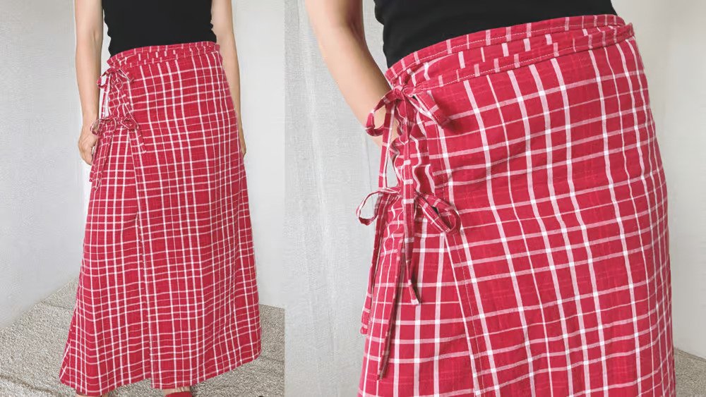 Red and white plaid wrap maxi skirt with side waist ties, shown in a full view and a close-up of the ties