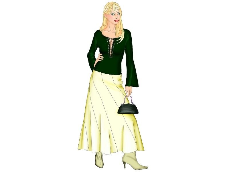 Illustration of a woman in a dark green lace-up top and pale yellow gored maxi skirt with diagonal seaming, cream boots, and a black handbag, free Lekala gored skirt sewing pattern
