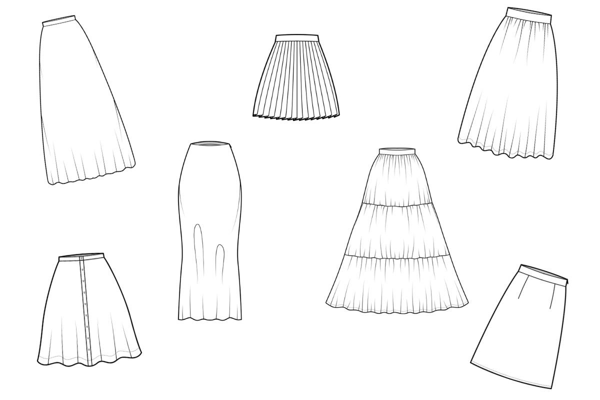 Line drawings of seven skirt silhouettes: a floor-length A-line, a knife-pleated mini, a full circle maxi, a button-front A-line, a fishtail maxi, a tiered ruffle maxi, and a short A-line
