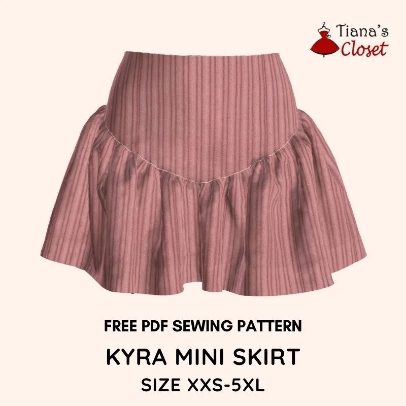Pink ribbed knit mini skirt with a high waistband and gathered ruffle hem, Kyra Mini Skirt free PDF pattern by Tiana's Closet, sizes XXS-5XL