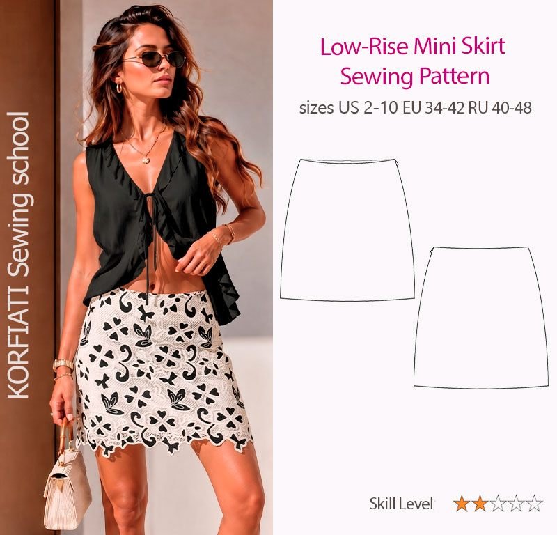 Woman wearing a black tie-front top and low-rise lace mini skirt beside a front and back sketch of the pattern, Korfiati Sewing School Low-Rise Mini Skirt, sizes US 2-10, skill level two out of five stars