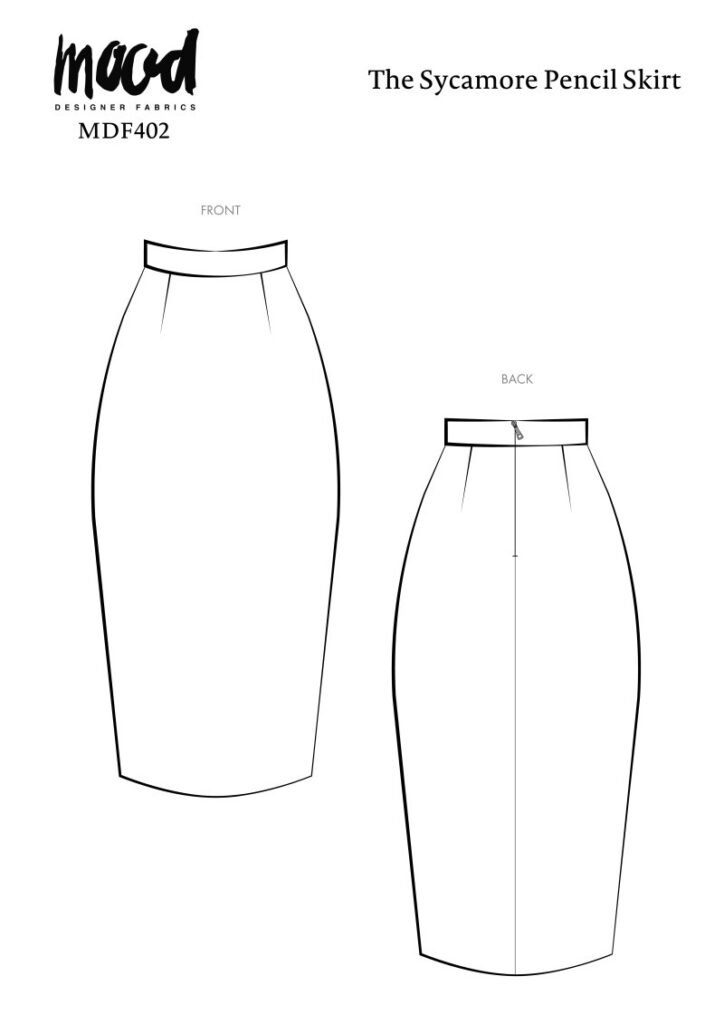 Line drawing of a pencil skirt from front and back, with a fitted waistband and back zipper, The Sycamore Pencil Skirt pattern MDF402 by Mood Fabrics