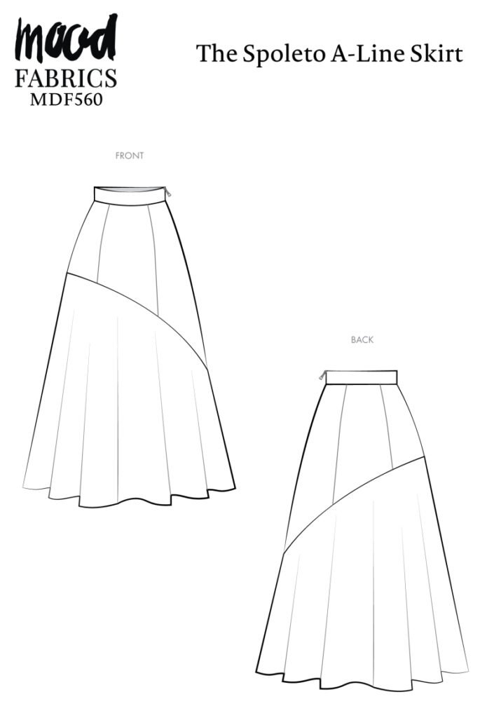 Line drawing of a floor-length A-line skirt from front and back, with a fitted waistband, back zip, and asymmetrical seaming, The Spoleto A-Line Skirt pattern MDF560 by Mood Fabrics