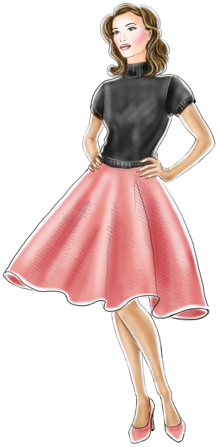 Illustration of a woman in a black mock-neck top and full coral pink circle skirt with pink heels