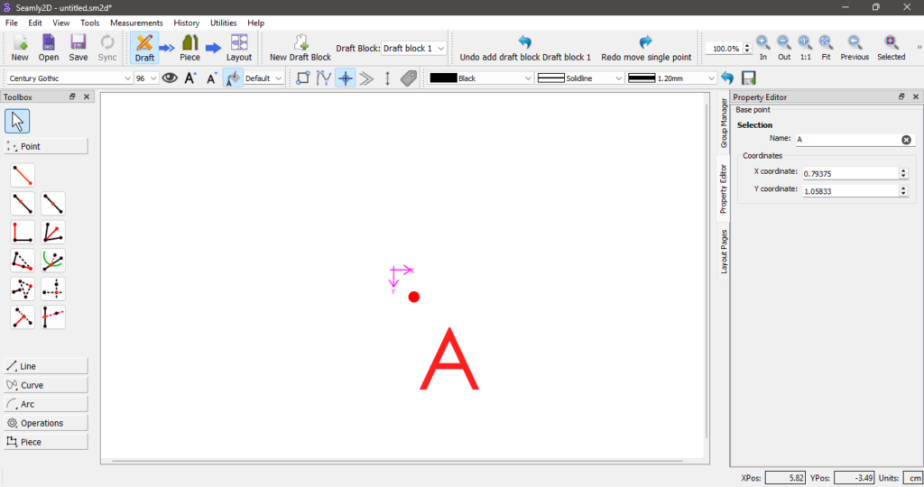 Seamly2D window with a single red point labeled A on an empty draft canvas.