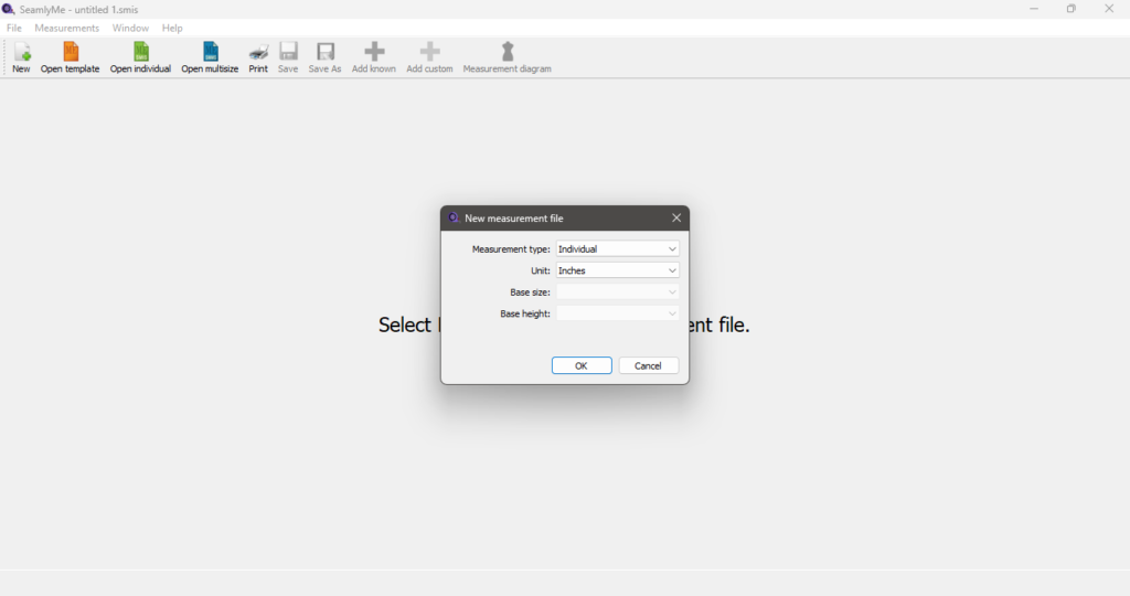 SeamlyMe window with a "New measurement file" dialog open, set to Individual measurement type and Inches.