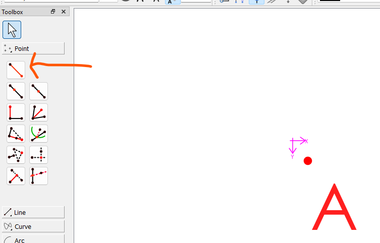 Seamly2D Point toolbox with an orange arrow pointing to the first tool, the point-at-distance-and-angle tool, next to a red point labeled A on the canvas.