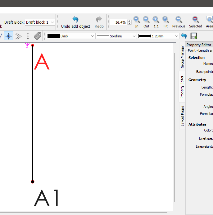 Seamly2D canvas with a vertical line from point A down to point A1,