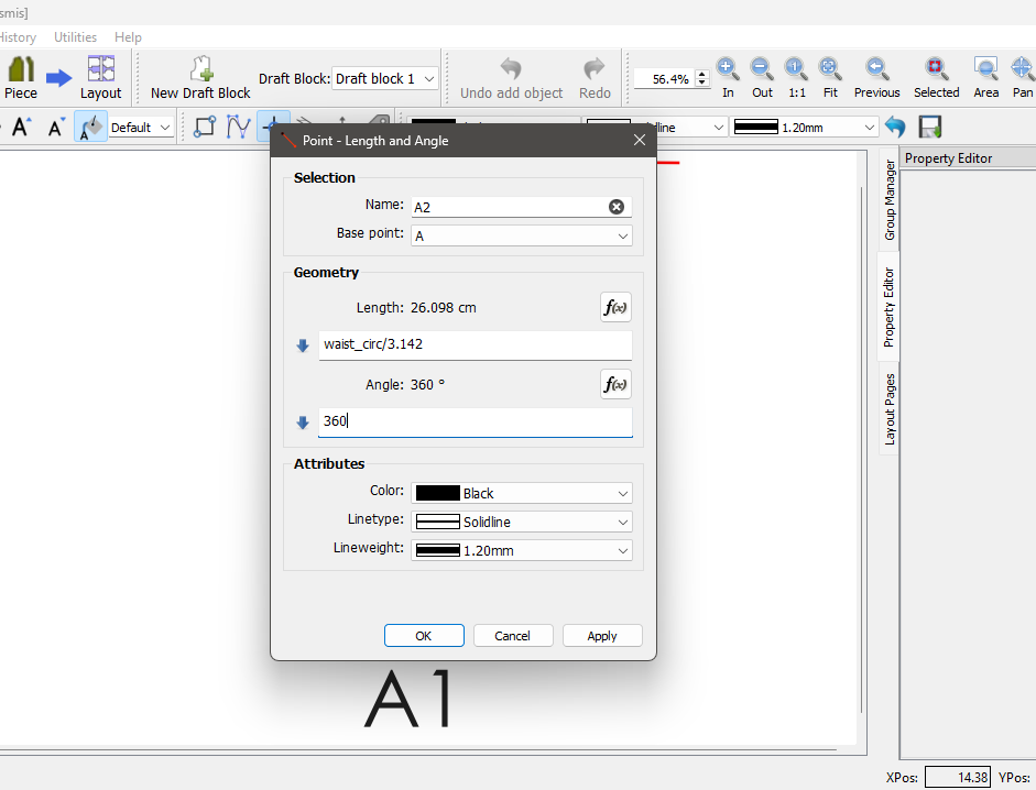 Seamly2D "Point - Length and Angle" dialog for new point A2 with base point A, length formula waist_circ/3.142 (26.098 cm), and angle 360°.